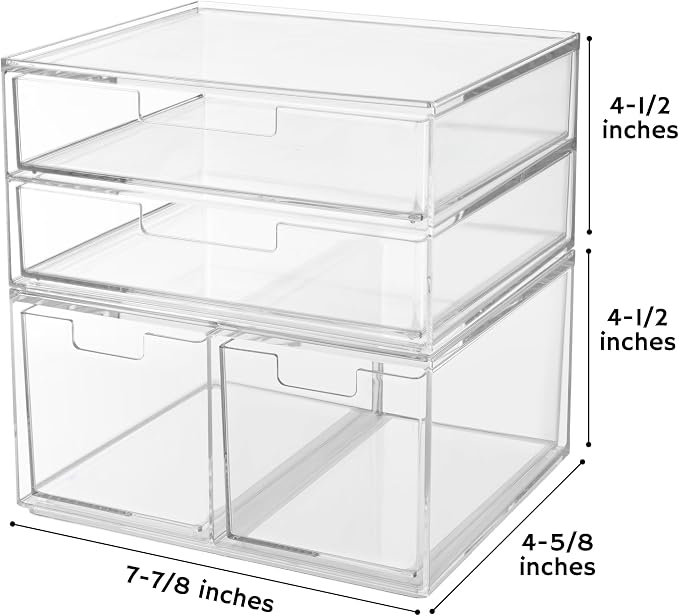 STORi Stackable Desk Organizer Drawers, Clear Pen Pencil Makeup Brush Holder for Desktops and Vanities, 4 Multi-size Drawers (Made in USA)