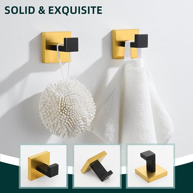 Angle Simple Towel Hook Black & Gold 2 Pack, 304 Stainless Steel Coat Hook, Robe Hook Bathroom