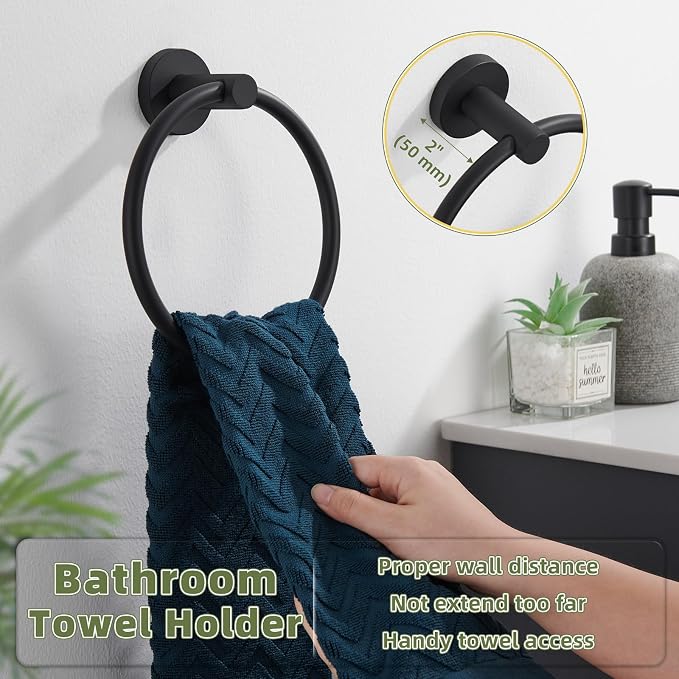 APLusee Round Hand Towel Ring for Bathroom Wall, Solid Stainless Steel Wall Mounted Bathroom Towel Holder, Modern Matte Black