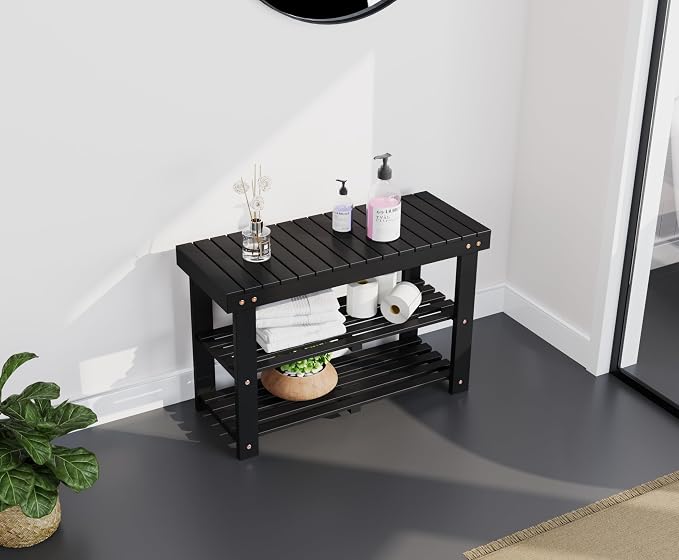BEEFURNI Wooden Shoe Rack Bench, 3-Tier Wooden Shoe Organizer for Entryway, Aciaca Bench with Shelf, Solid Wood Shoe Storage Bench for Doorway, Hallway, Bathroom, 300 LBS, 1-Year Warranty, Black