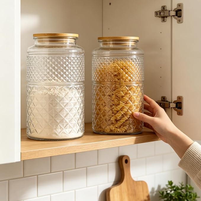 Prettidecor 1 Gallon Large Airtight Glass Storage Jars with Bamboo Lid, Kitchen Pantry Bathroom Laundry Room Organizer Canisters for Flour, Sugar, Cookie, Pasta, Rice, Snack, Coffee Bean, Cereal