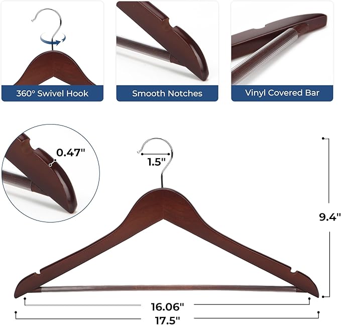 JS HANGER Wooden Coat Hangers, 20 Pack High Grade 17.5 Inch Wood Suit Hangers with Non Slip Pant Bar - Extra Smooth and Splinter Free Walnut Finish Wooden Suit Hangers for Closet Organization