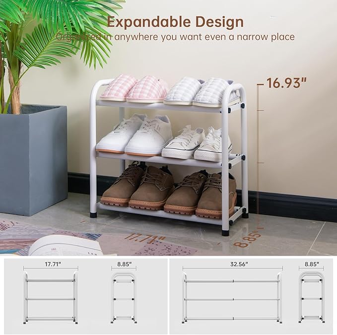 Gonfoam Shoe Rack for Closet, Expandable Shoe Organizer Storage Shelf, Adjustable Metal Free Standing Small Closet Shoe Rack for Entryway, Doorway (3-Tier White)