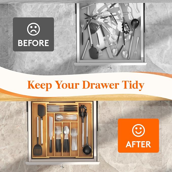 Lifewit Silverware Drawer Organizer, Expandable Utensil Tray for Kitchen, Flatware and Cutlery Holder, Wood Adjustable Storage for Spoons Forks Knives, 10.2-18.1 x 16.7, Natural