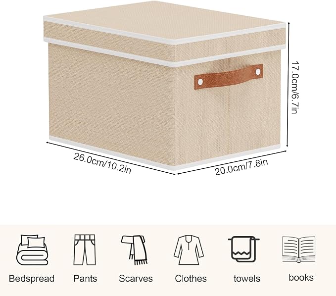 Storage Boxes with Lids, 10.2×7.8×6.7 Inch Storage Baskets, Closet Organizers for Shelves Organizing with Handles, Beige, 5-Pack
