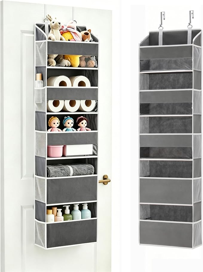 5 Tiers Over The Door Organizer Hanging - EXTRA THICK & 50lbs HUGE CAPACITY, 10 Side Mesh Pockets Over The Door Shoe Organizer, for Closet, Diaper Organizer, Bedroom, Bathroom,Nursery (Grey, 1pc)