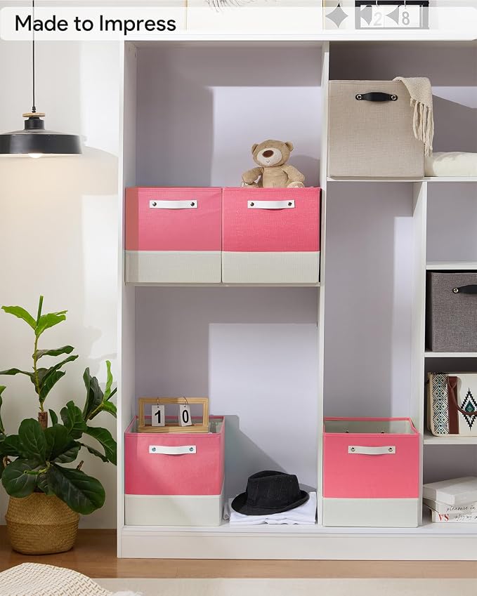 Cube Storage Bins | 13"x15"x13", Pink & White, 4 Pack | Multi-Size | 2X Thick Support Board | Vegan Leather Handles | 7.7 oz/yd² Fabric | Drawer Insert Basket Fits KALLAX