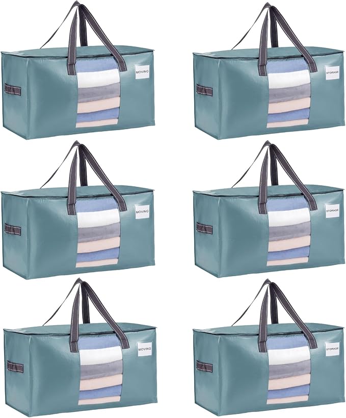 VENO 6 Pack Heavy Duty Moving Bags, Clothes and Comforter Storage Bags with Clear Window, College Dorm Essentials Packing Supplies, Foldable Boxes Alternative (Shiny Light Blue, 6 Pack)