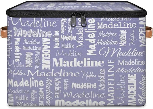 Custom Storage Basket with Name, Personalized Keepsake Box with Zipper Lid, Foldable Fabric Memory Bin Large capacity with Handle Haze Purple