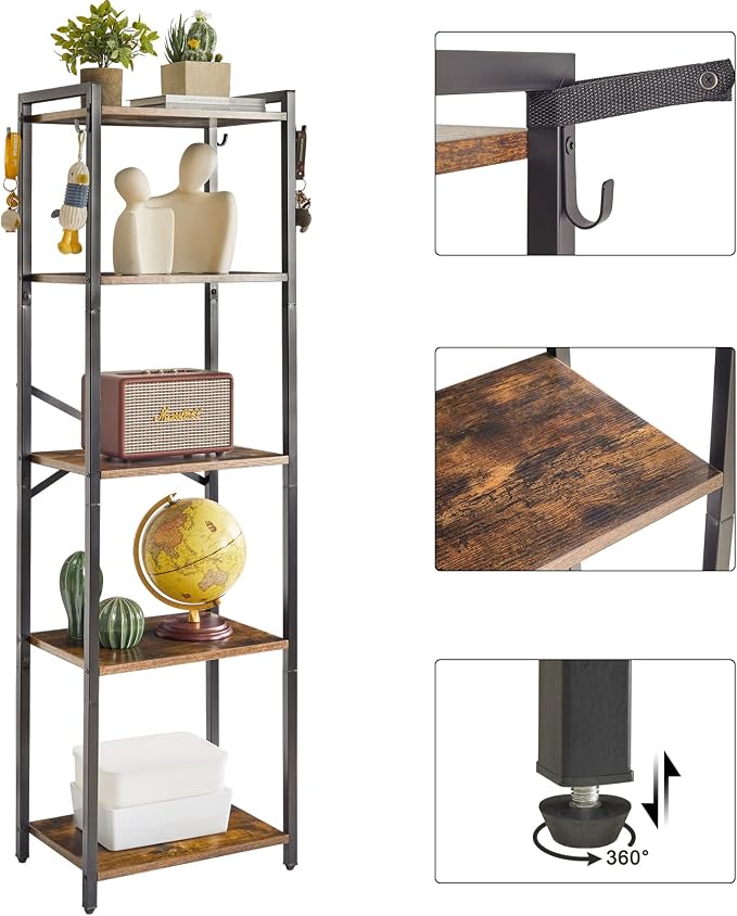 YMYNY Bookshelf, 5-Tier Ladder Shelf Organizer, Narrow Shelving Unit, Corner Storage Racks, Large Capacity Bookcase, for Home Office Living Room Balcony Bathroom, 57.7" H, Metal Frame,UHBC005H