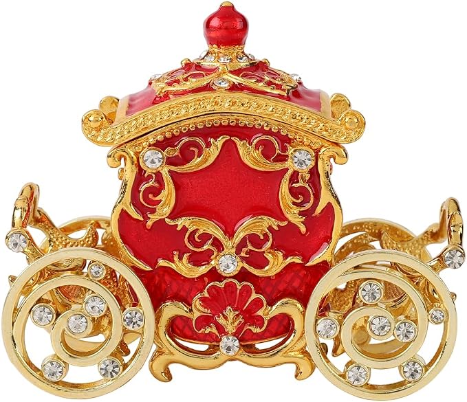 Retro Carriage Jewelry Trinket Box Enamel Ring Hold Boxes Hand-Painted Vintage Ornaments Craft Gift for Women Girls (Red)