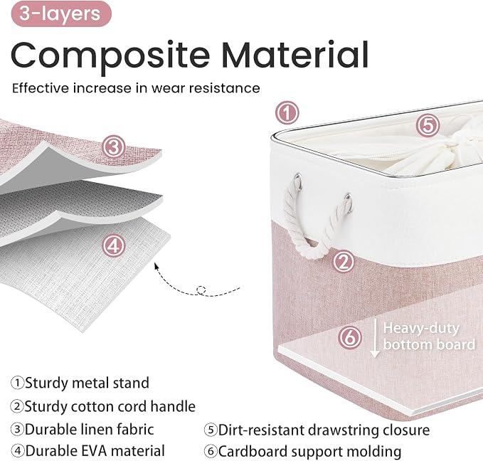 16x12x12 In Foldable Fabric Large Storage Bins with Handle 3 Pack | Storage Basket with Draw String Top, Sturdy Metal Strand, Cardboard Support Molding, for Shelf, Closet, Bedroom, White/Pink