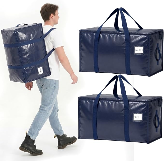 Velway Pack of 2 95L Storage Bags, Heavy-Duty Christmas Warehouse, Blue, Moving Boxes, Large, Foldable with Zip Handle, Waterproof Storage Bag for Moving Bedding, Clothing, Storage