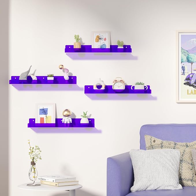 upsimples 4 Pcs 15" Acrylic Shelves for Wall Decor and Display, Purple | Cute Floating Shelf for Perfume, Skincare, Nail Polish, Wall Organizer for Bedroom, Living Room, Playroom, Room Décor