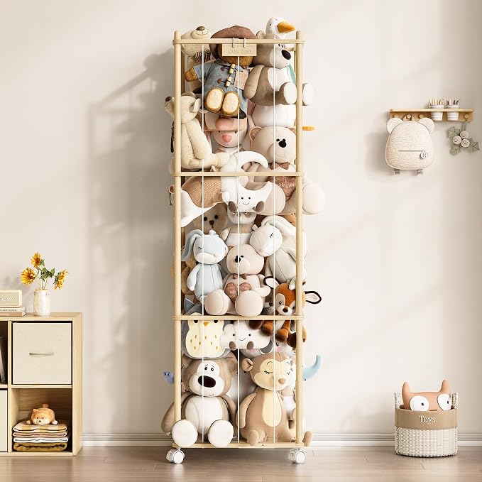 Stuffed Animal Storage Zoo with Wheels,Montessori-Inspired Solid Pine Wood Plush Toy Organizer,Extra Tall Stuffed Animal Holder with Thick Elastic Cords for Nursery,Kids Room and Bedroom,Extra Large