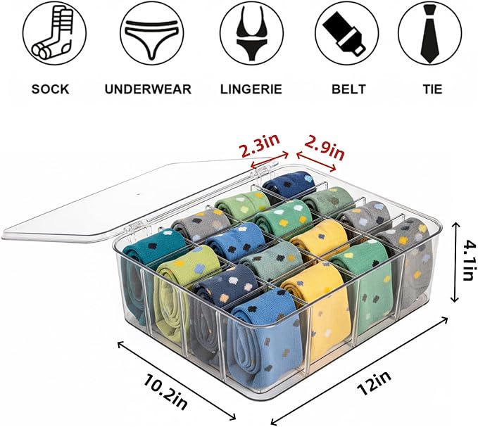 Adjustable Sock Underwear Drawer Organizer Dividers, 16 Grid Clear Tea Bag Holder with Lid, Removable Divided Tie Organizer Box, Plastic Storage Bin for Scarves Bras