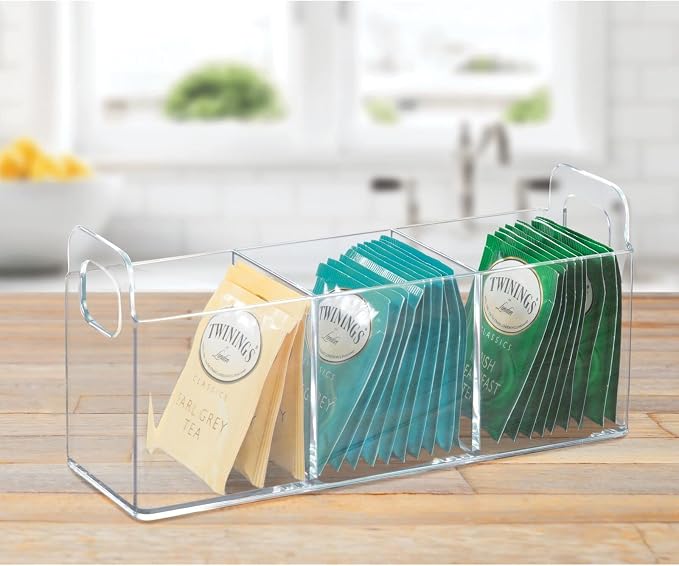mDesign Plastic Condiment Organizer and Tea Bag Holder - 3-Compartment Kitchen Pantry/Countertop Storage Caddy - Divided Chip, Snack, Oatmeal Packet Holder - Lumiere Collection - 2 Pack, Clear