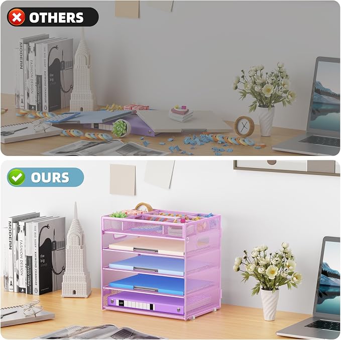 Marbrasse 5 Tier Mesh Desk File Organizer, Purple | Letter Tray, With Handle, Paper Sorter, Adjustable