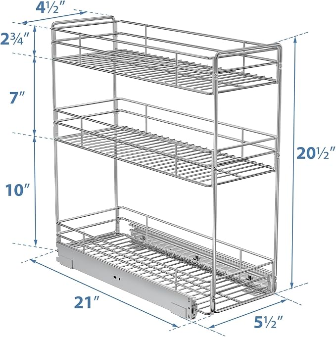 ROOMTEC 3-Tier Pull Out Cabinet Organizer for Narrow Cabinet (5.5" W X 20.5" D), Kitchen Cabinet Organizer and Storage Cabinet Pull Out Shelves Under Cabinet Storage for Kitchen, Chrome
