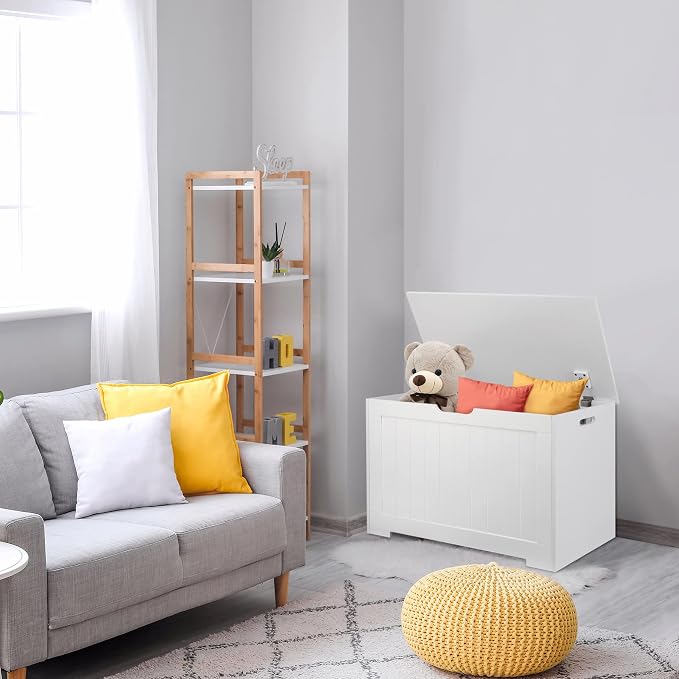 LEMY Storage Chest/Bench, 30 Inches Wooden Toy Organizer with 2 Safety Hinges, Storage Box for Entryway, Bedroom, Living Room, White