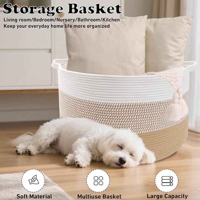115L Large Blanket Basket,23.6"L x 23.6"W x 15.7"H Rope Woven Baskets with Handles, Toys Storage Bins,Laundry Basket Perfect for Living Room, Nursery,Bedroom,Home Organization,Yellow