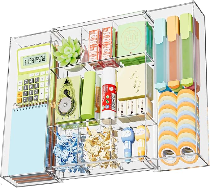 Marbrasse Expandable Desk Drawer Organizer, Clear Plastic Drawer Organizer Tray with 10 Adjustable Compartments, Desk Organizers and Accessories, 5 Drawer Dividers for Office Supplies, Makeup(Clear)