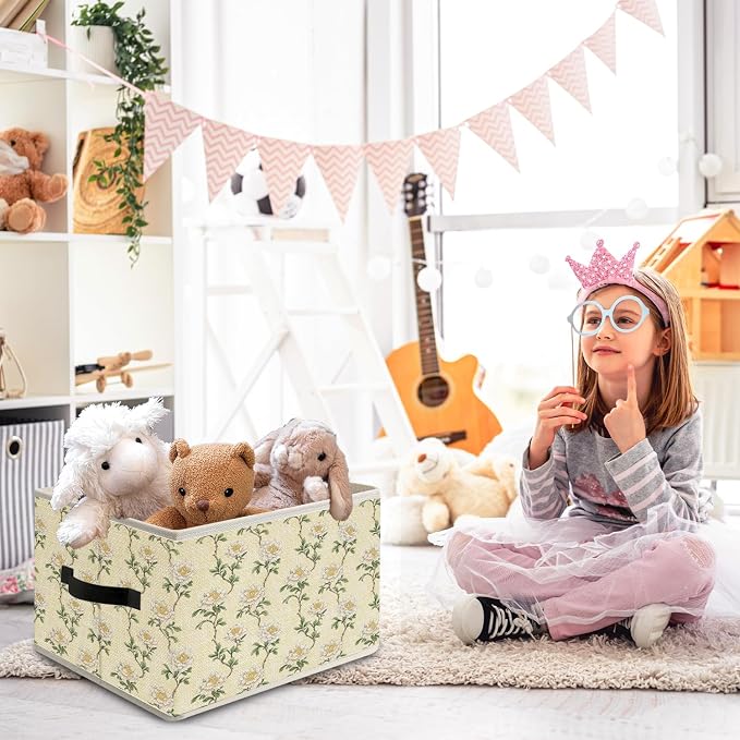 Chinoiserie Peony Floral Storage Bin Box with Handles, Cottagecore White Flower Foldable Organizer Basket Toybox for Girls Room Bedroom Bathroom Clothes Toys Books