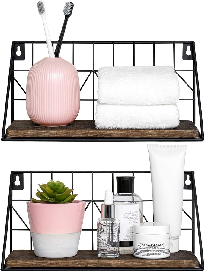 Mkono Floating Shelves Wall Mounted Set of 2 Rustic Wood Storage Display Shelf with Metal Wire Basket 11.4 Inches, Hanging Shelf for Bedroom Bathroom Living Room Kitchen Office, Brown,Small