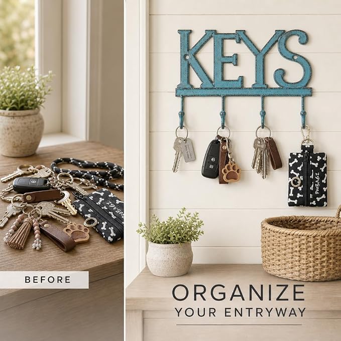 Comfify Rustic Blue Cast Iron Key Holder for Wall – Keys Sign with 4 Hooks | Rustic blue antique finish; mounting hardware included; entryway, hallway or door; 6"H x 8"L; holds 8 keychains