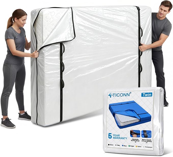 TICONN Mattress Bags for Moving, Heavy Duty Twin Mattress Cover Storage Bag with Full-Around Handle and Adjustable Buckles (Clear, Twin)