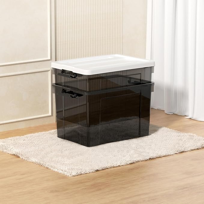 Cetomo Lidded Storage Bin with Handle, Tote Organizing Container with Wheels, Lid and Secure Latching Buckles, Stackable and Nestable, Plastic, 95 Quart-3 Pack, Clear Black