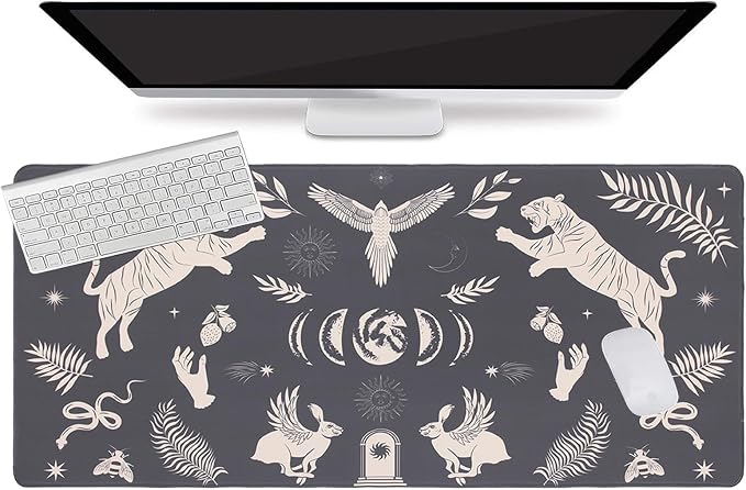 L-SPOUTTO Black Desk Mat for Keyboard and Mouse,Boho XXL Gaming Mouse Pad | Mystical Animals Large 35.4x15.7in Non-Slip Rubber Base Keyboard Pad Desktop Mat for Laptop Computer Work Home Office