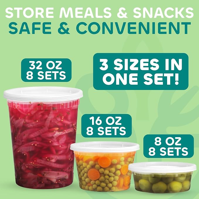 JoyServe 24 Sets Deli Containers with Lids – 8oz, 16oz & 32oz – Leak Proof, Microwaveable, Dishwasher & Freezer Safe – Plastic Food Storage & Soup Containers