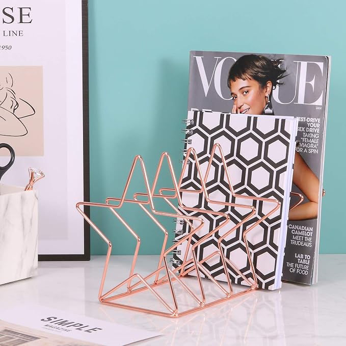 Magazine Holder File Sorter, Metal 5 Slot Desk Organizer Rack for Document, Folder, Letter and Book, Rose Gold, Pentastar Shape