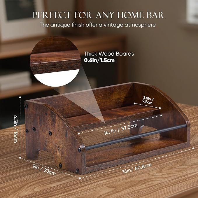 Wooden Liquor Bottle Display Shelf, 2 Tier Countertop Liquor Wine Rack, Coffee Syrup Rack Organizer, Mini Bar Home Retro Bar Shelves Stand for Bourbon Whiskey, Spirits, Alcohol Storage