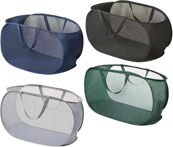 4 Piece Popup Mesh Laundry Basket Durable Handles Collapsible Laundry Baskets Folding Clothes Pastic Hamper for Laundry Room College Dorm (Gray/Black/Navy blue/Green)