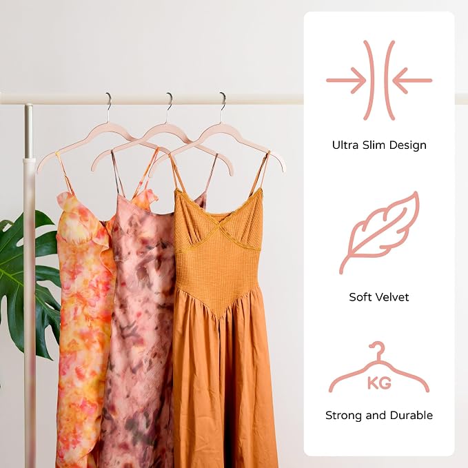 Sishynio Premium Velvet Shirt Hangers 50 Pack, Non-Slip 360° Swivel Hook Space-Saving Felt Hanger, Slim Flocked Hangers for Blouses, Strappy Dresses, Tank Tops(Pink)