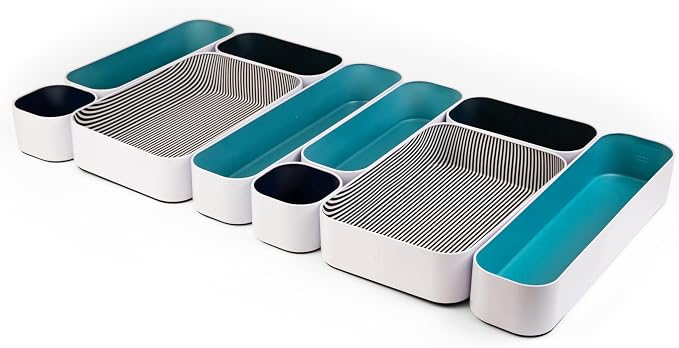 Three by Three Seattle 10 Piece Metal Organizer Tray Set for Storing Makeup, Stationery, Utensils, and More in Office Desk, Kitchen and Bathroom Drawers (2 Inch, Assorted Blue and Stripes)
