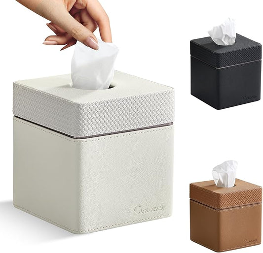 Tissue Box Holder Cover, Modern PU Leather Square Decorative Tissue Holder Organizer-Woven New Off White
