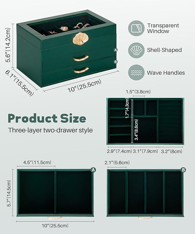 Enthralite Jewelry Box with 2 Drawers : Jewelry Display Organizer for Earrings Necklaces - Gift for Girls Women | Forest Green