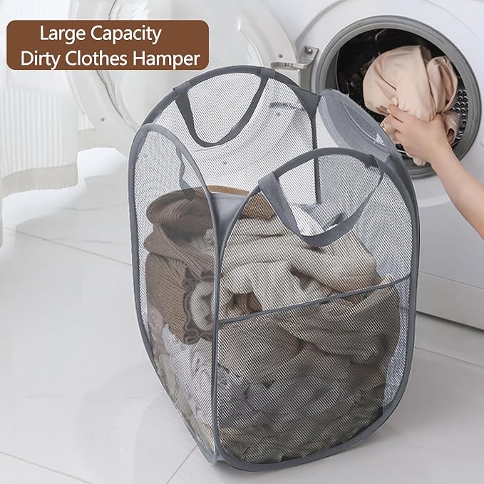 Pack of 2 Pop Up Laundry Hamper for Cruise, Foldable Laundry Basket Collapsible Design Space Saving, Large Side Pocket for Bedroom, Laundry Room, Travel, Hotel, Apartment (Grey+Rose Red)