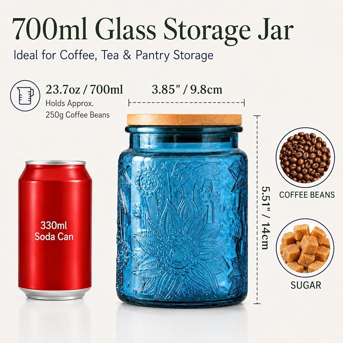 Set of 2 Vintage Glass Canisters with Bamboo Lids, 23.7 oz Embossed Glass Storage Jars, Airtight Food Containers for Coffee Beans, Tea, Sugar, Cookies, Candy, Kitchen Counter Decor, Blue & Green