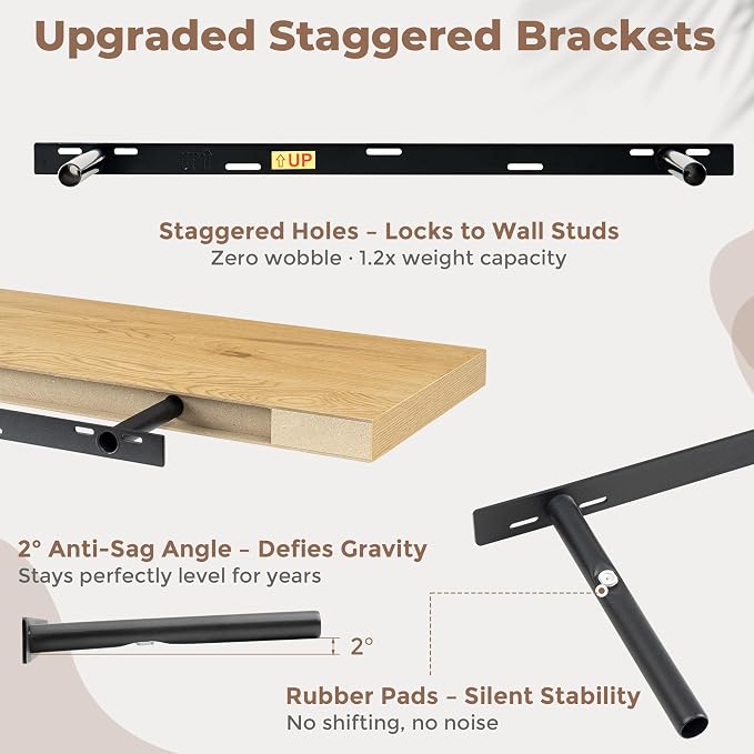 FLYJOE 36 Inch Floating Shelves for Wall Set of 2, 6.5" D Wood Grain Bathroom Shelves with Invisible Brackets, Easy Install Engineered Wood Storage Shelves for Kitchen, Living Room, Bedroom
