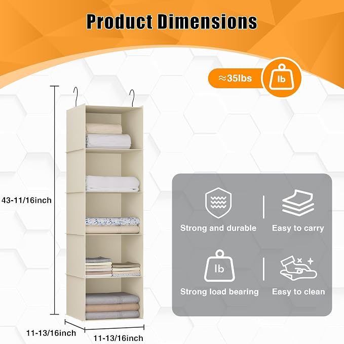 Hanging Closet Organizer 5-Shelf, Oxford Fabric Wardrobe Storage, Beige | Easy-mount foldable design holds clothes, handbags, shoes & accessories; washable Oxford fabric, sturdy and space-saving.