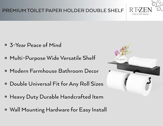 RTZEN Bathroom Toilet Paper Holder with Shelf - Handcrafted Rustic Wrought Iron Wall Decor Toilet Roll Holder - Black Matte Wall Mount Bar for Modern Farmhouse Bathroom Decor