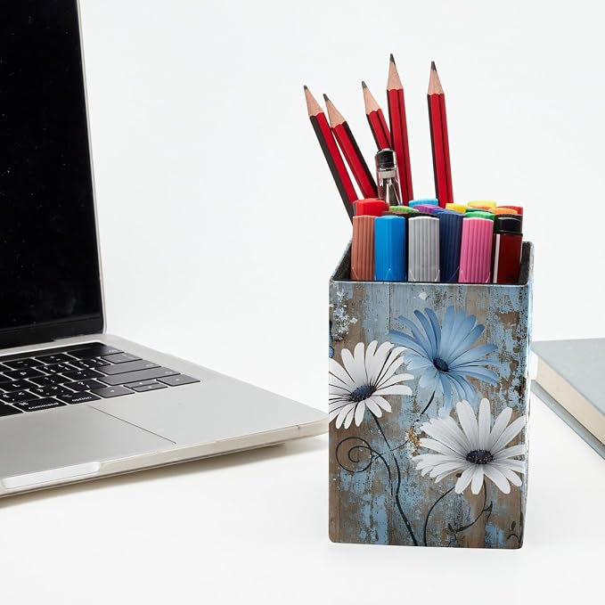 Pen Holder for Desk, Rustic Blue Daisy Pencil Holder, Pen Cup Functional Desk Organizer for Office Supplies