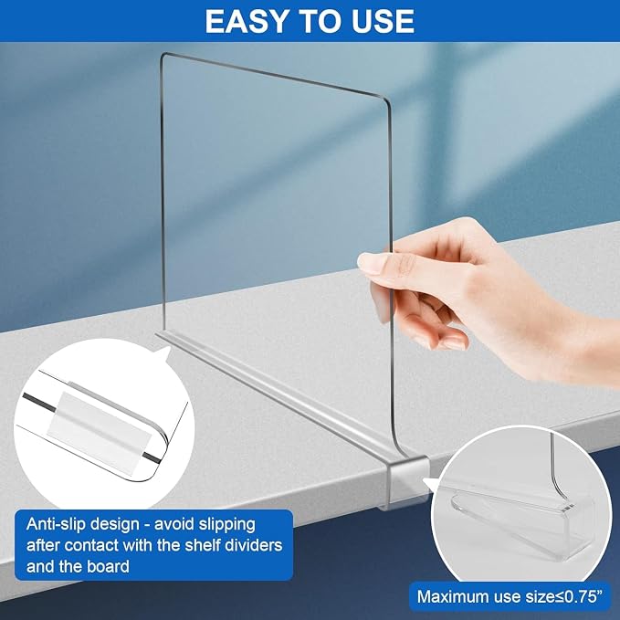 11 Inches Shelf Dividers for Closet Organization and Storage, 12 Pack Vertical Purse Organizer for Closet Adjustable Acrylic Bookshelf for Organization, Perfect for Sweater Shirts Handbags in Bedroom