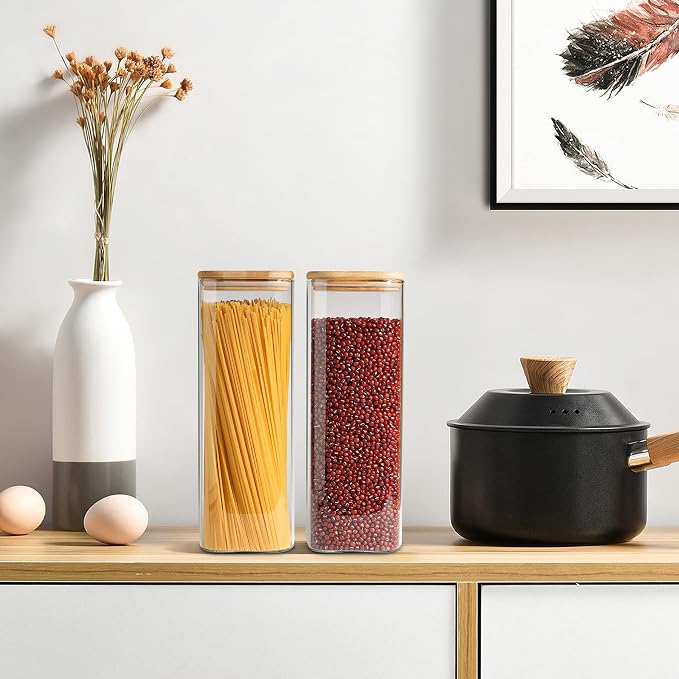 ComSaf Glass Spaghetti Pasta Storage Containers with Lid(71oz), Tall Clear Airtight Food Storage Jar with Bamboo Lid for Noodles Flour Cereal Sugar Beans, Sqaure Spaghetti Pantry Container