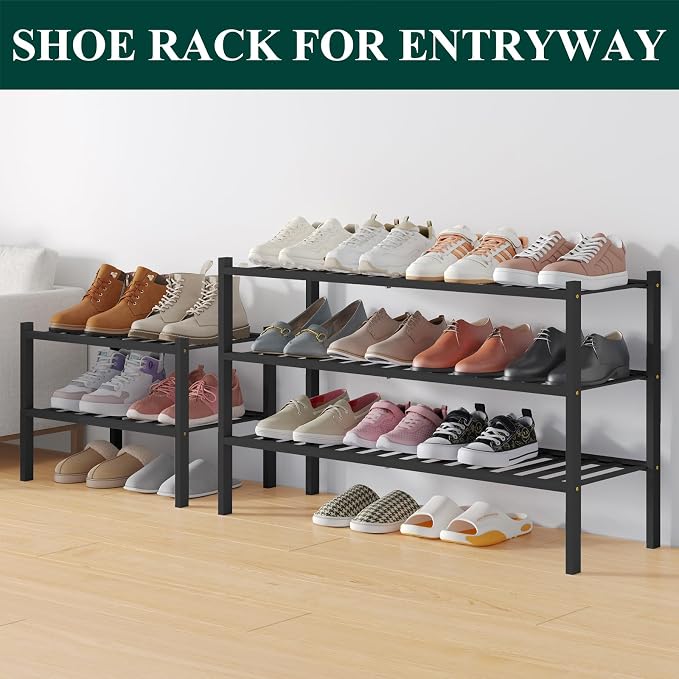 Smiry Bamboo Shoe Rack for Closet, 6 Tier Long Wooden Shoe Organizer, Stackable Wood Shoe Storage Shelf for Entryway, 14 Vertical Slats, 3+3 Stack Heavy-Duty Legs, 33.86"x11.02"x36.61", Black