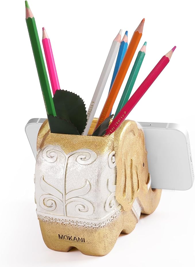 MOKANI Elephant Pencil Holder with Phone Stand, Elephant Gifts for Women | Office Home Desk Organizer Accessories Cute Desk Decor Decorations Thanksgiving Christmas Christmas Gift